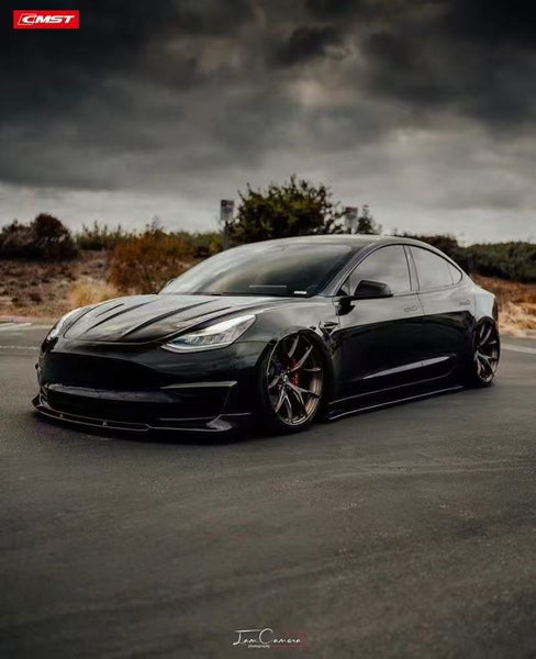 Tesla Model 3 Performance Long Range Standard Base 2017 2018 2019 2020 2021 2022 2023 with Aftermarket Parts - V3 Front Lip Splitter Carbon Fiber / FRP from CMST Tuning