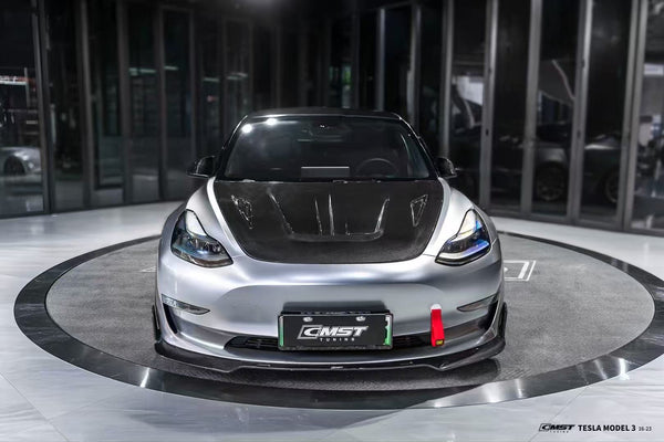Tesla Model 3 Performance Long Range Standard Base 2017 2018 2019 2020 2021 2022 2023 with Aftermarket Parts - V1 Hood Bonnet Carbon Fiber / FRP from CMST Tuning