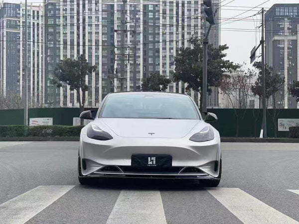 Tesla Model 3 Performance Long Range Standard Base 2017-2023 with Aftermarket Parts - V2 Style Front Bumper & Lip Splitter Carbon Fiber / FRP from CMST Tuning