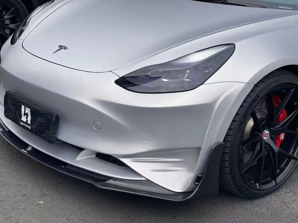Tesla Model 3 Performance Long Range Standard Base 2017-2023 with Aftermarket Parts - V2 Style Front Bumper & Lip Splitter Carbon Fiber / FRP from CMST Tuning