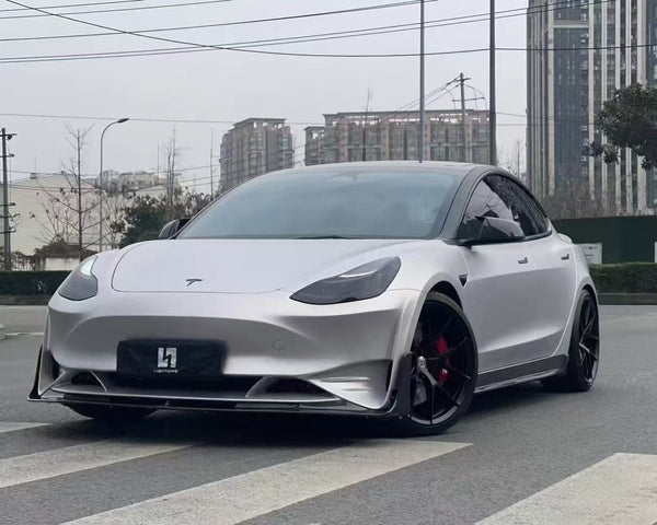 Tesla Model 3 Performance Long Range Standard Base 2017-2023 with Aftermarket Parts - V2 Style Front Bumper & Lip Splitter Carbon Fiber / FRP from CMST Tuning