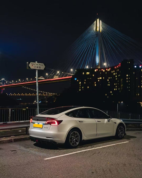 Tesla Model 3 Performance Long Range Standard Base 2017 2018 2019 2020 2021 2022 2023 with Aftermarket Parts - V3 Rear Duck Bill Tail Spoiler Carbon Fiber / FRP from CMST Tuning