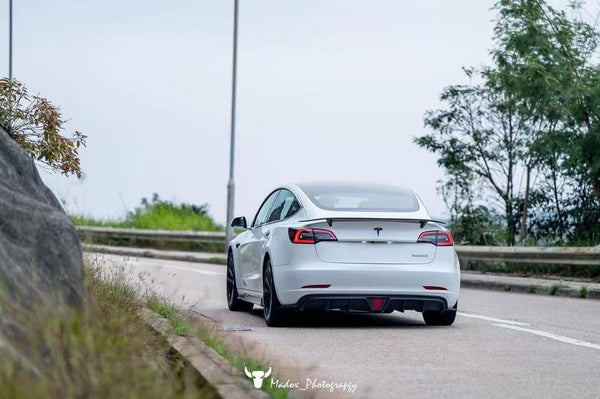 Tesla Model 3 Performance Long Range Standard Base 2017 2018 2019 2020 2021 2022 2023 with Aftermarket Parts - V3 Rear Duck Bill Tail Spoiler Carbon Fiber / FRP from CMST Tuning
