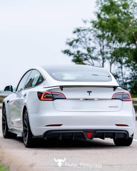 Tesla Model 3 Performance Long Range Standard Base 2017 2018 2019 2020 2021 2022 2023 with Aftermarket Parts - V3 Rear Duck Bill Tail Spoiler Carbon Fiber / FRP from CMST Tuning