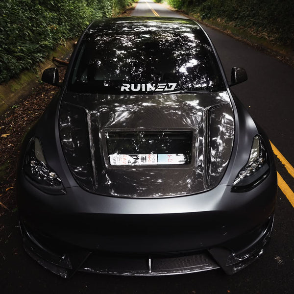 Tesla Model 3 Performance Long Range Standard Base 2017 2018 2019 2020 2021 2022 2023 with Aftermarket Parts - V3 Hood Bonnet Carbon Fiber / FRP from CMST Tuning