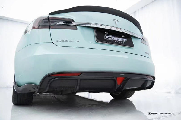 Tesla Model S 1st & 2nd Gen 2012-early 2021 with Aftermarket Parts - Rear Duck Bill Tail Spoiler Carbon Fiber / FRP from CMST Tuning