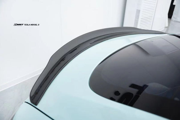 Tesla Model S 1st & 2nd Gen 2012-early 2021 with Aftermarket Parts - Rear Duck Bill Tail Spoiler Carbon Fiber / FRP from CMST Tuning