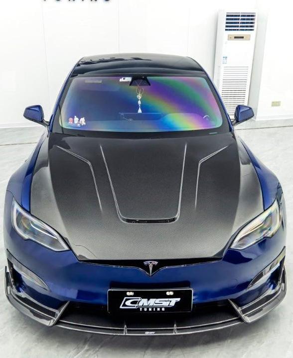 Tesla Model S 3rd Gen late 2021-ON with Aftermarket Parts - V2 Style Carbon Fiber & FRP Hood from CMST Tuning