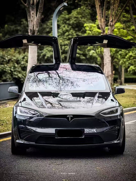 Tesla Model X Plaid Long Range Base 2022 2023 2024 with Aftermarket Parts - Hood Bonnet Carbon Fiber  FRP
