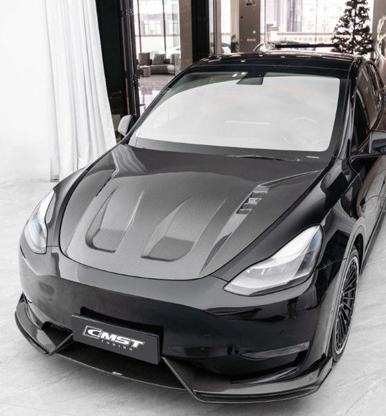 Tesla Model Y Performance AWD Long Range RWD Standard 2020 2021 2022 2023 2024 2025 with Aftermarket Parts - V7 Style Hood Carbon Fiber / FRP from CMST Tuning