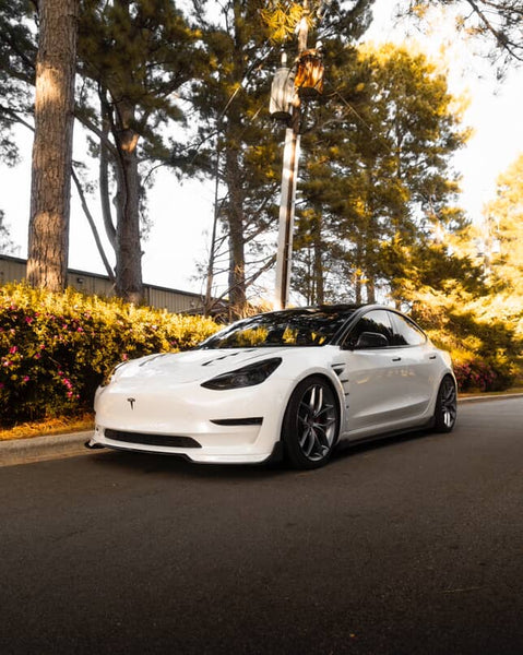 Tesla Model 3 Performance Long Range Standard Base 2017-2023 with Aftermarket Parts - V1 Style Front Lip Splitter Carbon Fiber / FRP from CMST Tuning
