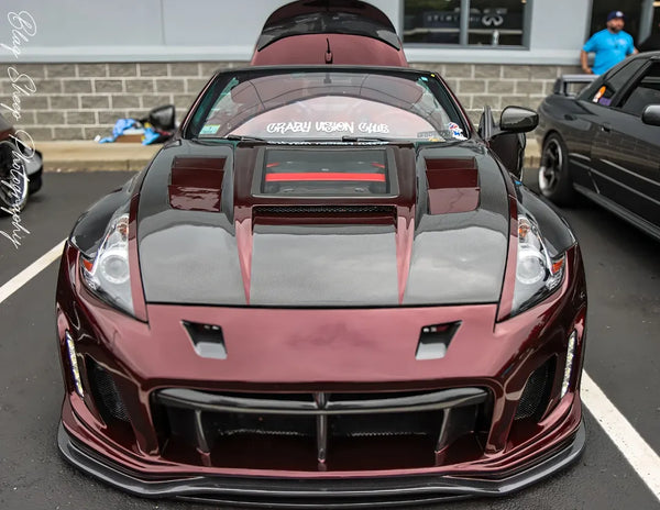 Nissan 370Z Nismo Sport Touring Base Fairlady Z Z34 2009 2010 2011 2012 2013 2014 2015 2016 2017 2018 2019 2020 with Aftermarket Parts - V1 Glass Clearview Hood Bonnet Carbon Fiber / FRP from CMST Tuning