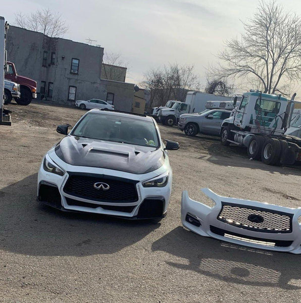 Infiniti Q50 Red Sport 400 Luxe Sensory Signature Premium Pure 2014-ON with Aftermarket Parts - Project Black S Concept Style Front Bumper & Lip Carbon Fiber / FRP from CMST Tuning
