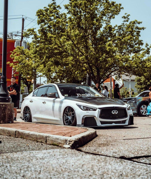 Infiniti Q50 Red Sport 400 Luxe Sensory Signature Premium Pure 2014-ON with Aftermarket Parts - Project Black S Concept Style Front Bumper & Lip Carbon Fiber / FRP from CMST Tuning
