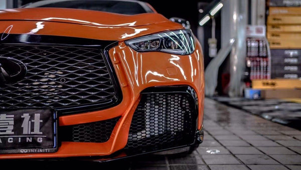 Infiniti Q50 Red Sport 400 Luxe Sensory Signature Premium Pure 2014-ON with Aftermarket Parts - Project Black S Concept Style Front Bumper & Lip Carbon Fiber / FRP from CMST Tuning

