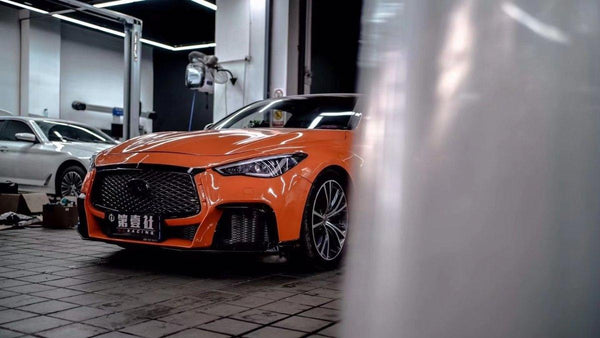 Infiniti Q50 Red Sport 400 Luxe Sensory Signature Premium Pure 2014-ON with Aftermarket Parts - Project Black S Concept Style Front Bumper & Lip Carbon Fiber / FRP from CMST Tuning
