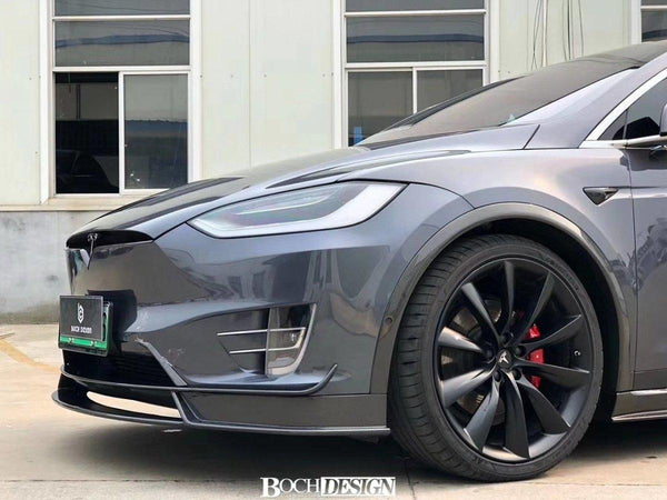 Tesla Model X P100D 100D 90D 75D 60D Performance Long Range Base 2016-2021 with Aftermarket Parts - Front Lip Splitter Carbon Fiber / FRP from CMST Tuning
