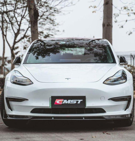 Tesla Model 3 Performance Long Range Standard Base 2017-2023 with Aftermarket Parts - V2 Style Front Lip Splitter Carbon Fiber / FRP from CMST Tuning
