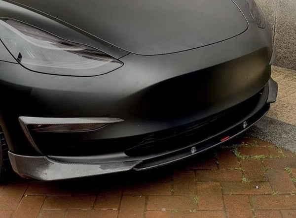 Tesla Model 3 Performance Long Range Standard Base 2017-2023 with Aftermarket Parts - V3 Style Front Lip Splitter Carbon Fiber / FRP from CMST Tuning
