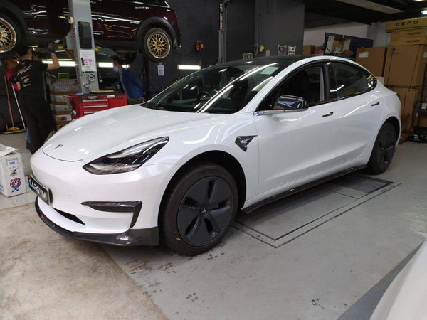 Tesla Model 3 Performance Long Range Standard Base 2017-2023 with Aftermarket Parts - V3 Style Front Lip Splitter Carbon Fiber / FRP from CMST Tuning
