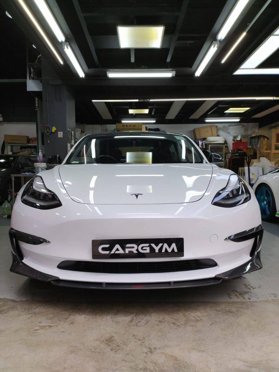 Tesla Model 3 Performance Long Range Standard Base 2017-2023 with Aftermarket Parts - V3 Style Front Lip Splitter Carbon Fiber / FRP from CMST Tuning
