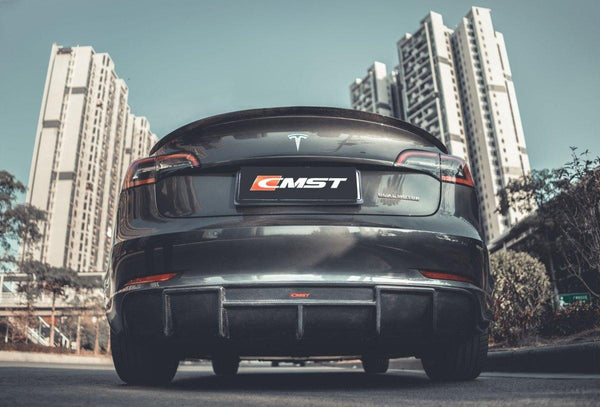 Tesla Model 3 Performance Long Range Standard Base 2017-2023 with Aftermarket Parts - V1 Style Rear Diffuser Carbon Fiber / FRP from CMST Tuning