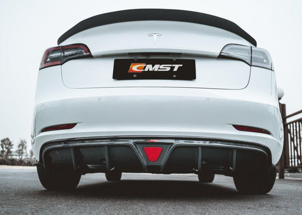 Tesla Model 3 Performance Long Range Standard Base 2017-2023 with Aftermarket Parts - V1 Style Rear Duck Bill Tail Spoiler  Carbon Fiber / FRP from CMST Tuning