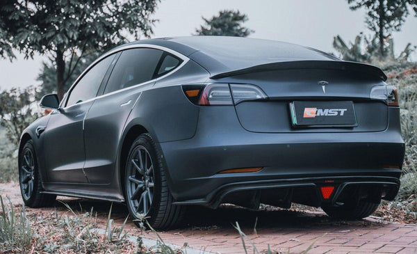 Tesla Model 3 Performance Long Range Standard Base 2017-2023 with Aftermarket Parts - V1 Style Rear Duck Bill Tail Spoiler  Carbon Fiber / FRP from CMST Tuning