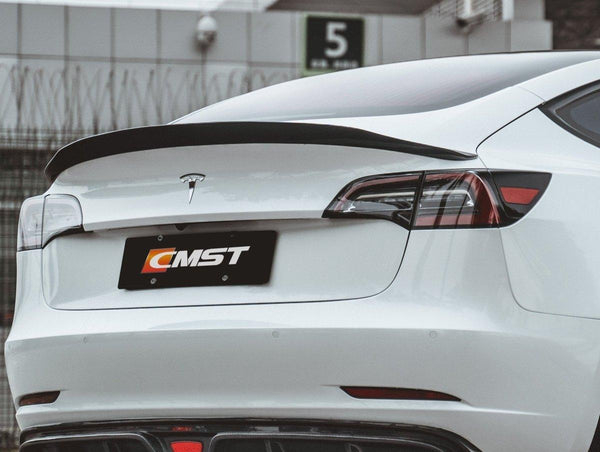 Tesla Model 3 Performance Long Range Standard Base 2017-2023 with Aftermarket Parts - V1 Style Rear Duck Bill Tail Spoiler  Carbon Fiber / FRP from CMST Tuning