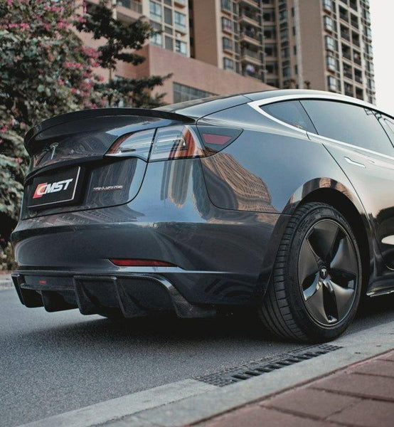 Tesla Model 3 Performance Long Range Standard Base 2017-2023 with Aftermarket Parts - V2 Style Rear Duck Bill Tail Spoiler Carbon Fiber / FRP from CMST Tuning