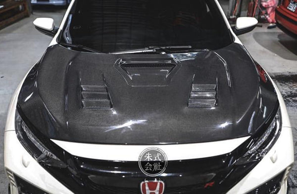 Honda Civic Type-R FK8 2017-2021 with Aftermarket Parts - V2 Vented Style Hood Bonnet Carbon Fiber / FRP from CMST Tuning 