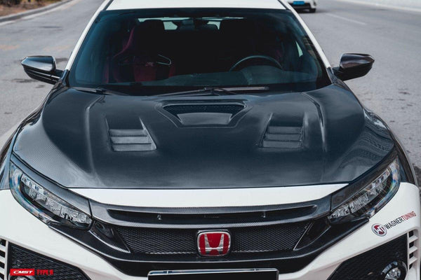 Honda Civic Type-R FK8 2017-2021 with Aftermarket Parts - V2 Vented Style Hood Bonnet Carbon Fiber / FRP from CMST Tuning 