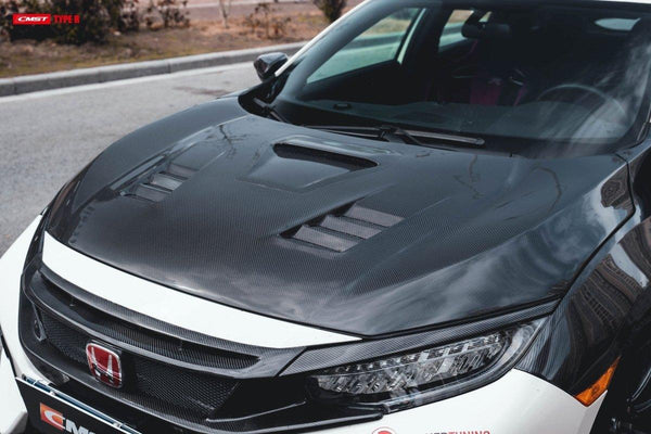Honda Civic Type-R FK8 2017-2021 with Aftermarket Parts - V2 Vented Style Hood Bonnet Carbon Fiber / FRP from CMST Tuning 