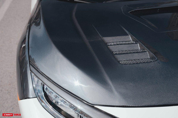 Honda Civic Type-R FK8 2017-2021 with Aftermarket Parts - V2 Vented Style Hood Bonnet Carbon Fiber / FRP from CMST Tuning 