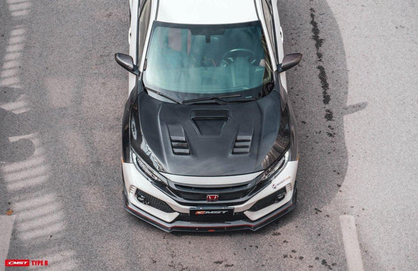 Honda Civic Type-R FK8 2017-2021 with Aftermarket Parts - V2 Vented Style Hood Bonnet Carbon Fiber / FRP from CMST Tuning 