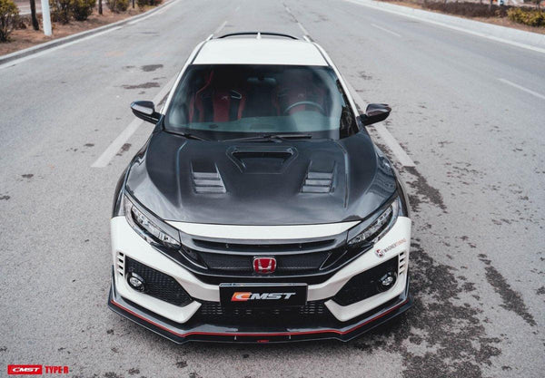 Honda Civic Type-R FK8 2017-2021 with Aftermarket Parts - V2 Vented Style Hood Bonnet Carbon Fiber / FRP from CMST Tuning 