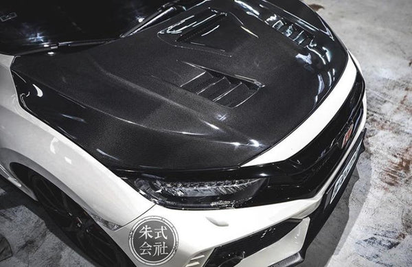 Honda Civic Type-R FK8 2017-2021 with Aftermarket Parts - V2 Vented Style Hood Bonnet Carbon Fiber / FRP from CMST Tuning 