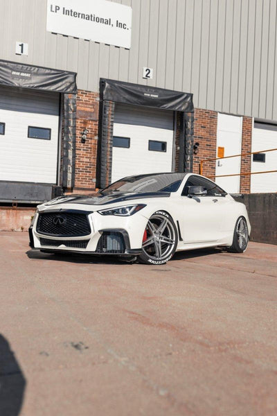 Infiniti Q60 Red Sport 400 Premium Luxe Sport Pure 2017-2022 with Aftermarket Parts - Project Black S Concept Style Front Bumper & Lip Carbon Fiber / FRP from CMST Tuning