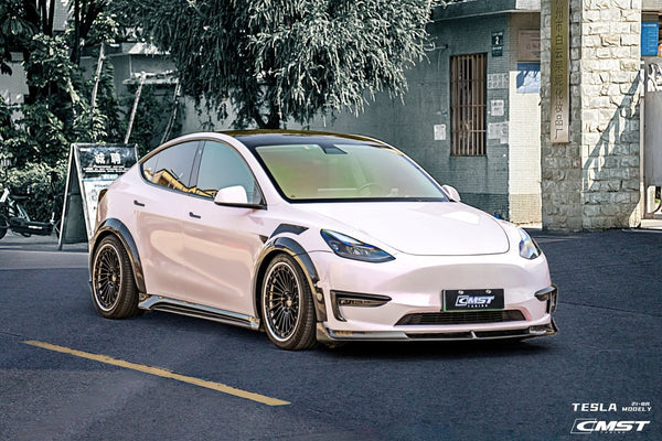 Tesla Model Y Performance AWD Long Range RWD Standard 2020-ON with Aftermarket Parts - V1 Style Front Lip Splitter Carbon Fiber / FRP from CMST Tuning