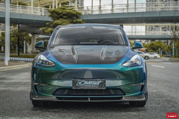 Tesla Model Y Performance AWD Long Range RWD Standard 2020-ON with Aftermarket Parts - V1 Style Front Lip Splitter Carbon Fiber / FRP from CMST Tuning