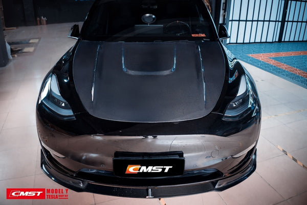 Tesla Model Y Performance AWD Long Range RWD Standard 2020-ON with Aftermarket Parts - V1 Style Front Lip Splitter Carbon Fiber / FRP from CMST Tuning