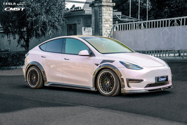 Tesla Model Y Performance AWD Long Range RWD Standard 2020-ON with Aftermarket Parts - V1 Style Front Lip Splitter Carbon Fiber / FRP from CMST Tuning