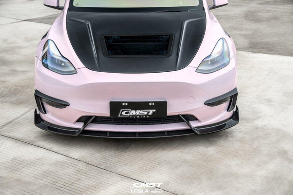 Tesla Model Y Performance AWD Long Range RWD Standard 2020-ON with Aftermarket Parts - V4 Style Front Lip Splitter Carbon Fiber / FRP from CMST Tuning