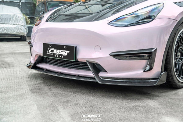 Tesla Model Y Performance AWD Long Range RWD Standard 2020-ON with Aftermarket Parts - V4 Style Front Lip Splitter Carbon Fiber / FRP from CMST Tuning