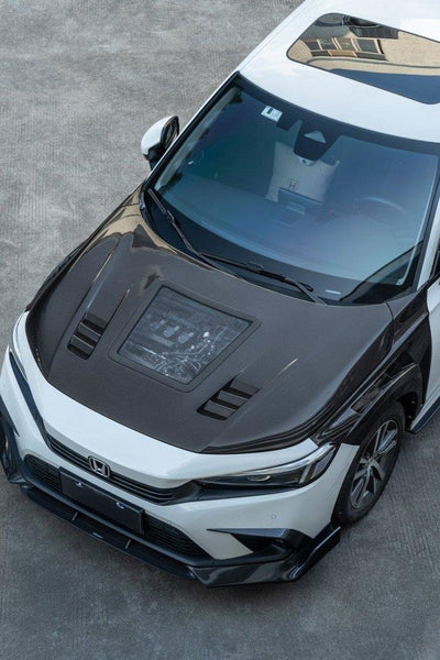 Honda Civic 11th Gen FE1 FE2 FE4 2022-ON with Aftermarket Parts - V2 Tempered Glass Clearview Style Hood Bonnet Carbon Fiber / FRP from CMST Tuning
