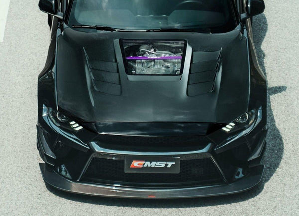 Ford Mustang GT 5.0 Mach1 Bullitt Ecoboost 2.3 S550.2 2018-2023 with Aftermarket Parts - V2 Clearview Glass Style Hood Bonnet Carbon Fiber / FRP from CMST Tuning