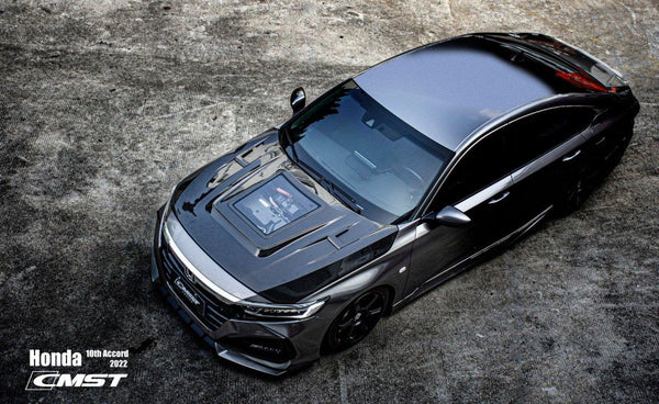 Honda Accord 10th Gen 2018-2022 with Aftermarket Parts - V2 Vented Style Hood Bonnet Carbon Fiber / FRP from CMST Tuning

