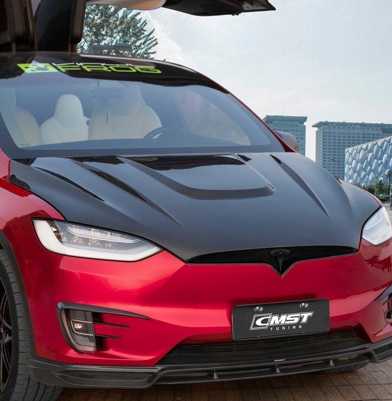 Tesla Model X P100D 100D 90D 75D 60D Performance Long Range Base 2016-2021 with Aftermarket Parts - Hood Bonnet Carbon Fiber / FRP from CMST Tuning