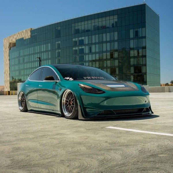 Tesla Model 3 Performance Long Range Standard Base 2017-2023 with Aftermarket Parts - V3 Style Hood Bonnet Carbon Fiber / FRP from CMST Tuning