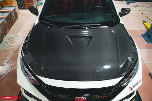 Honda Civic Type-R FK8 2017-2021 with Aftermarket Parts - Vented Style Hood Bonnet Carbon Fiber from CMST Tuning
